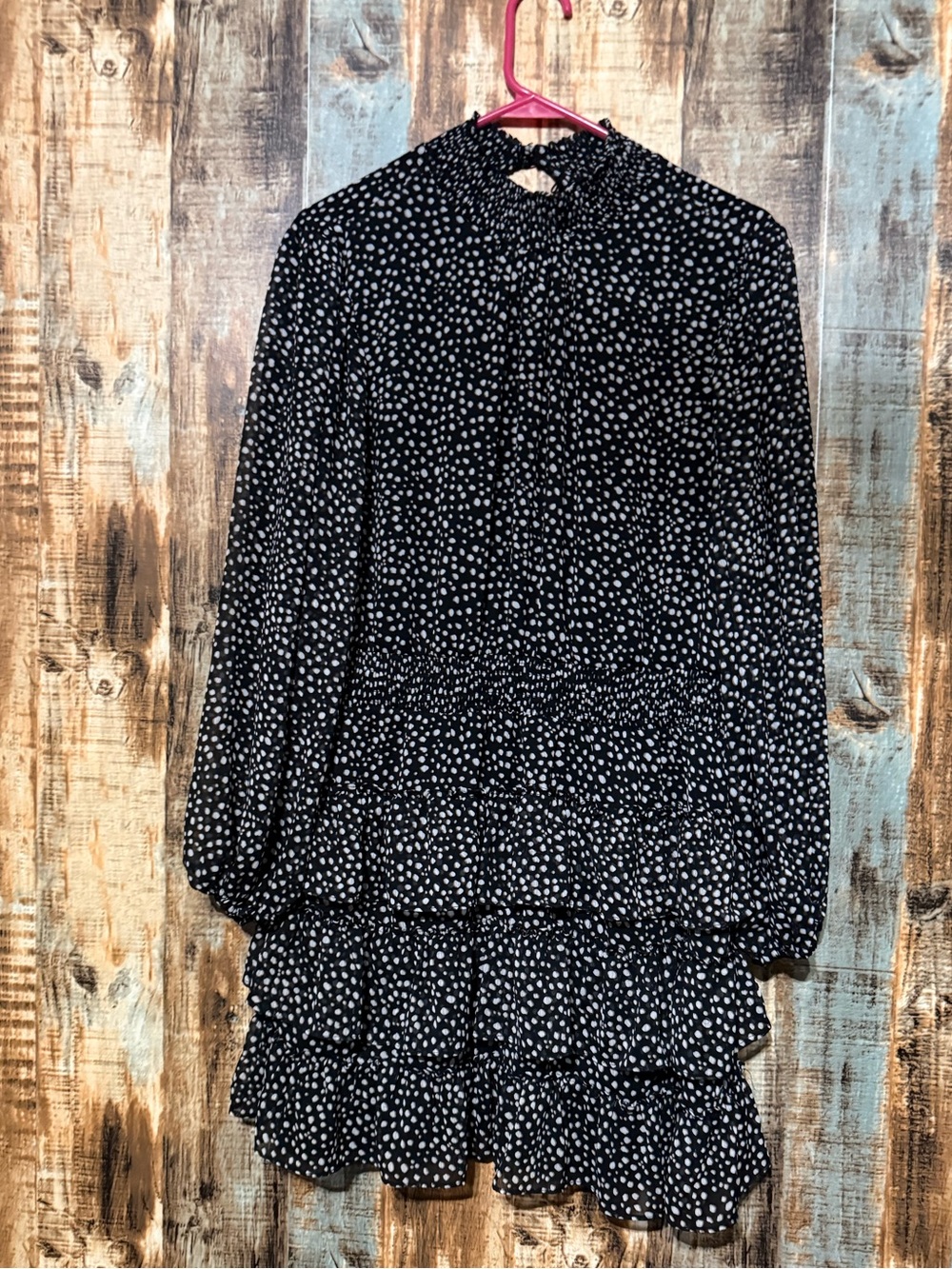 Express Black and White Polka Dot Long-Sleeve Tiered Dress